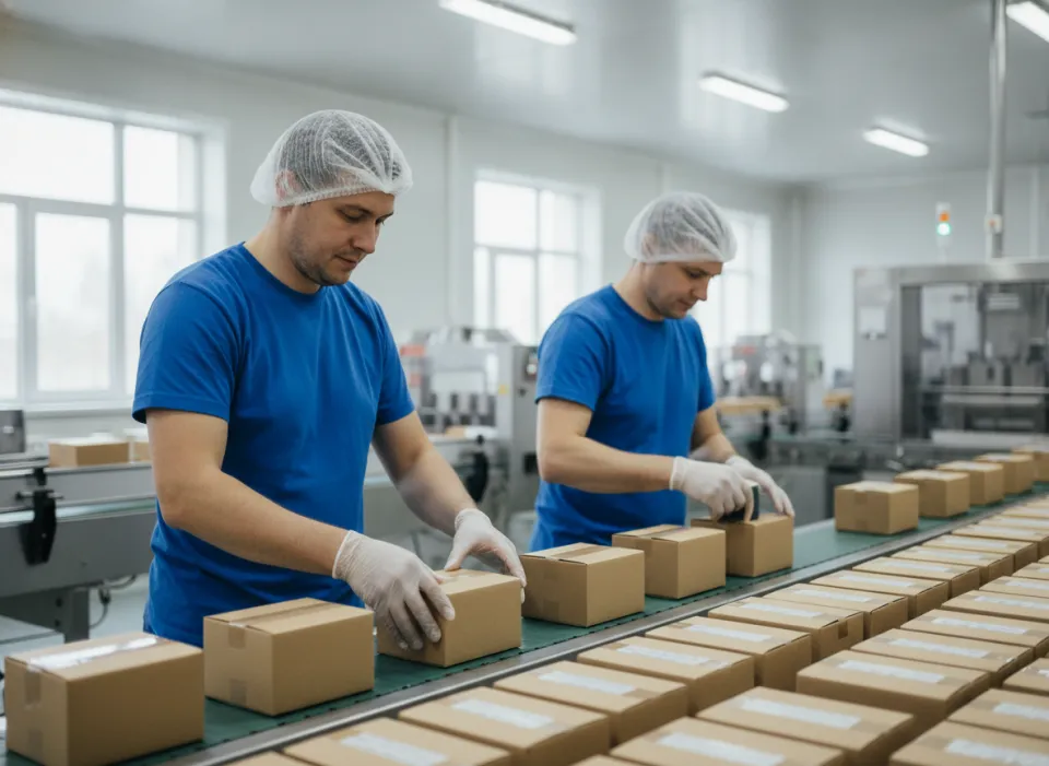 Работники упаковывают коробки на конвейерной линии